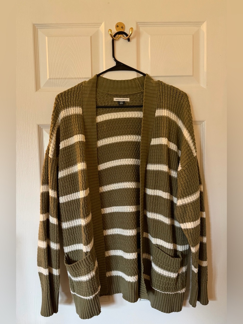 American Eagle Outfitters Olive & Cream Striped Open Cardigan